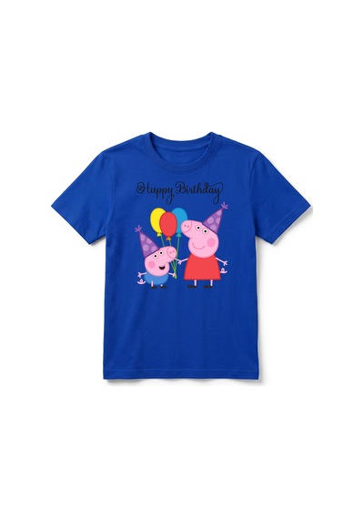 Urbantrendstore Peppa Pig Temalı Unisex Kız Çocuk Erkek Çocuk Bisiklet Yuvarlak Yaka Basic Kısa Kollu %100 Pamuk Tişört Sax