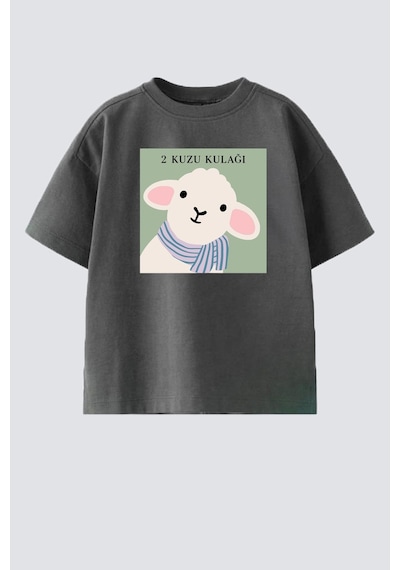 Monila Unisex Çocuk Pamuklu Bisiklet Yaka Kuzu Kulağı Baskılı T-shirt Antrasit