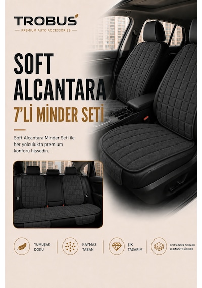 Opel Astra 2000-2004 Üniversal Soft Alkantra Kare Desen 7 Parça Oto Koltuk Minderi Antrasit