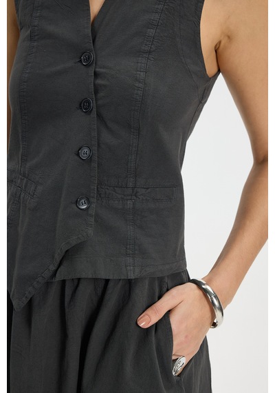 Tudors Kadın Slim Fit Dar Kesim %100 Pamuk V Yaka Çift Cepli Antrasit Etek Yelek Takım-50458