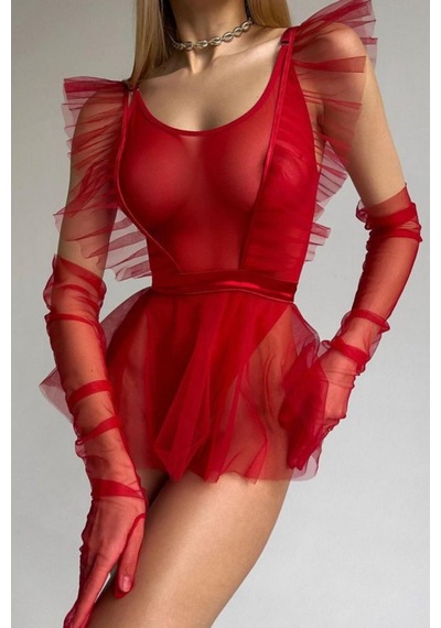 Neomi Transparan Fırfır Askı Detaylı Tül Babydoll/gecelik Siyah