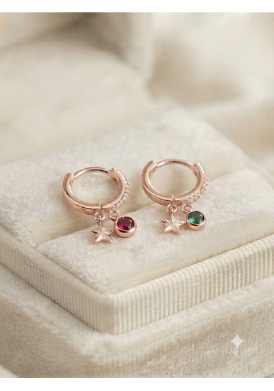925 Ayar Gümüş Papatya Silver Kişiye Özel Doğum Taşlı Yıldız Kadın Küpe.rose.gold.rodaj Renk Seçenek