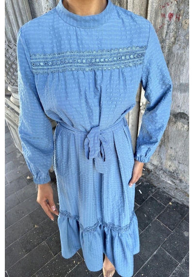 WeShaya İndigo Kuşaklı, Dantel Detaylı, Maksi Lotus Elbise Indigo