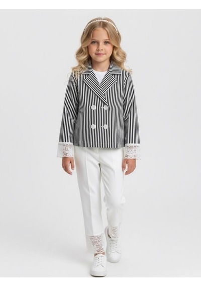Zekids Kız Çocuk Lacivert Çizgili Kruvaze Dantel Detaylı Ceket-17155 Çok Renkli