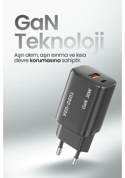 Ven-dens Sp-tc94bg 30 W Pd Hızlı Şarj Adaptörü, Usb-c Ve Usb-a Çift Port, Qc 3.0 Desteği, Siyah