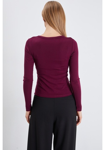 Fullamoda Önü Çıtçıtlı Ribanalı Slim Fit Bluz Mürdüm