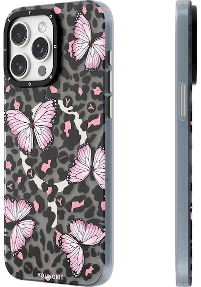 Apple Uyumlu iPhone 14 Pro Kılıf Magsafe Şarj Özellikli Kelebek Desenli Youngkit Shadow Dance Serisi Gri