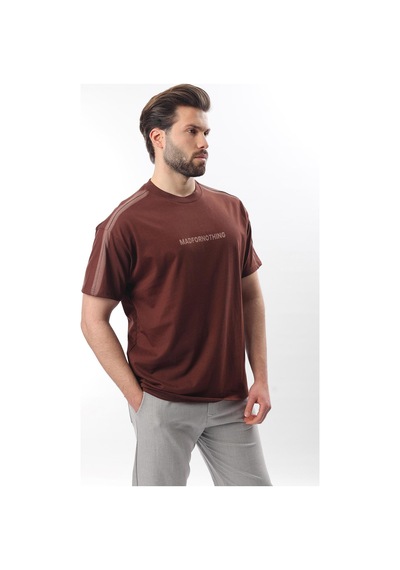 Madmext Acı Kahve Bisiklet Yaka Baskılı Erkek T-shirt E7110 Acı Kahverengi