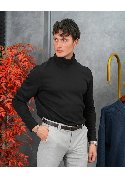 Modefendi Slim Fit İtalyan Kesim Tam Balıkçı Boğazlı Kazak Siyah
