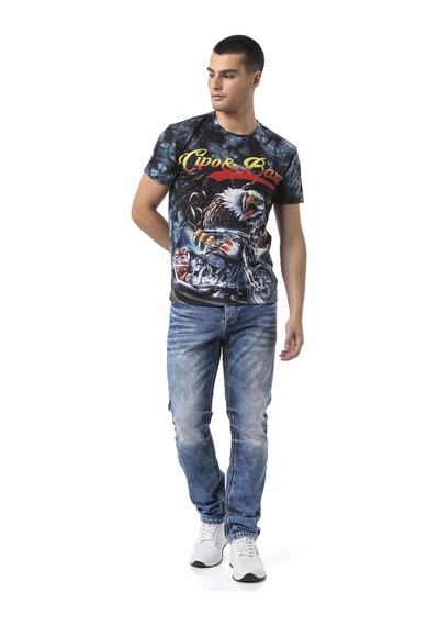 Cipo & Baxx Erkek Grafik Baskılı Tişört Vintage Motosiklet Temalı Bisiklet Yaka Casual Pamuklu Erkek Tişört Ct821 Mavi