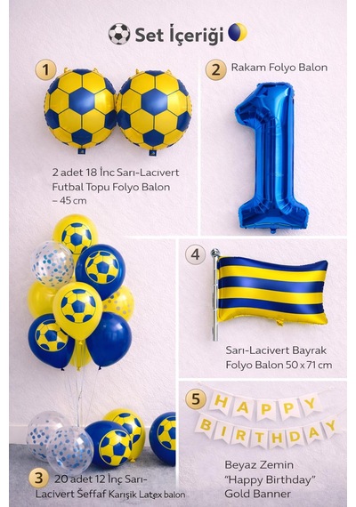 Sarı Lacivert Futbol Temalı 1 Yaş Doğum Günü Balon Seti Sarı Lacivert