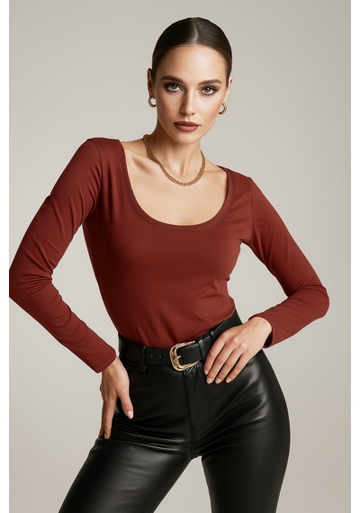 Rich Kadın Bordo U Yaka Uzun Kollu Bluz Bordo