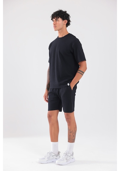 Rowinger Waffle Dokulu Oversize T-shirt Ve Şort Erkek Takım Siyah