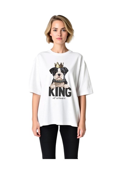 Paybuy Kadın Oversize Grafik Baskılı Tişört Sevimli Köpek Tacı Taşıyan E Beyaz