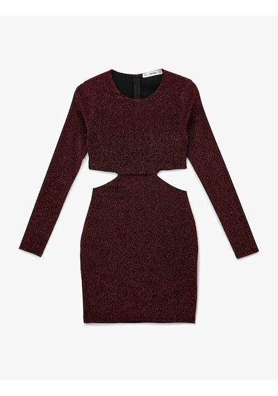 Koton Uzun Kollu Bisiklet Yaka Simli Pencere Detaylı Mini Elbise Bordo 6wal80004ık Bordo