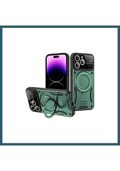Bezos İphone 16 Pro Max Uyumlu Kılıf Joy Lens Standlı Kapak - Koyu Yeşil Ob