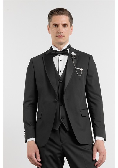 İmza Siyah Mono Yaka Düz Desen 6 Drop Slim Fit Esnek Takım Elbise 1001260201