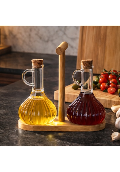 Porsima 415 2li Standlı Mantar Kapaklı Borosilikat Cam Yağlık Sirkelik Yağdanlık 250+250ml Şeffaf