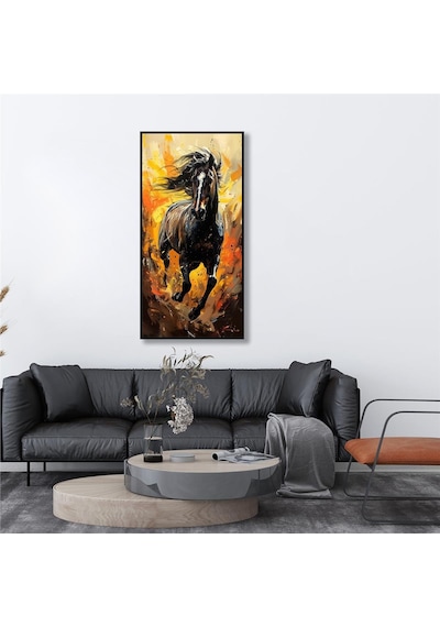 Yağlı Boya Dokulu Tablo Koşan Siyah At Siyah Çerçeveli U04036-178950