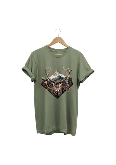 Avcılık Geyik Avı Dağ Doğa Baskılı Minimal Regular Fit %100 Pamuk Haki T-shirt Haki