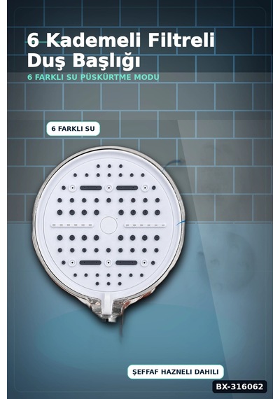 Filtreli Duş Başlığı 6 Kademeli Su Püskürtme Geniş Panel Silikon Nozullu Beyaz Bx-316062 Diğer