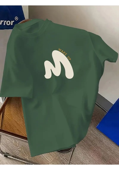 Unisex Pamuklu Wake Up Ön Baskılı Tasarım Tshirt Yeşil
