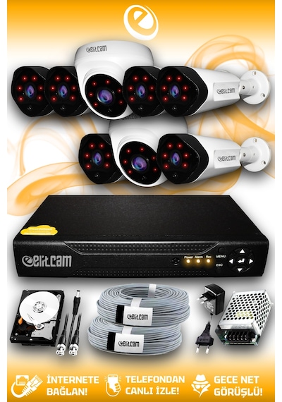 Elitcam 8 Kameralı Uzay 2 İç Kamera Set 100 GB HDD Full HD Gece Görüşlü Güvenlik Kamerası Sistemi