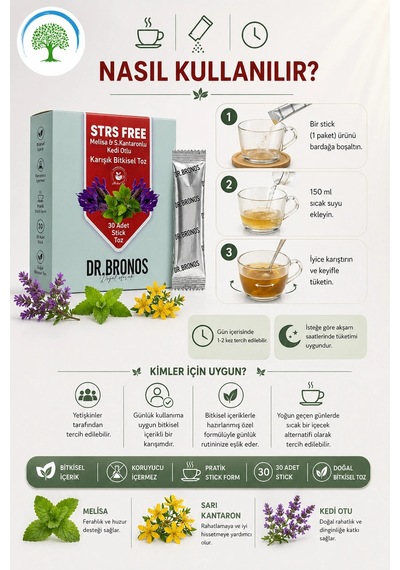 Çareburada Dr. Bronos Strs Free Melisa, Sarı Kantaron, Kedi Otlu Karışık Bitkisel Toz 30 Stick