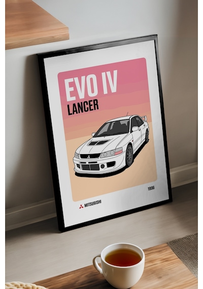 Mitsubishi Lancer Evo Iv Siyah Ahşap Çerçeveli Poster, Dekoratif Araba Duvar Tablosu