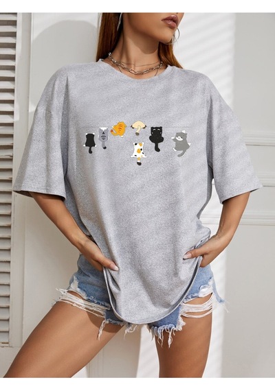Uyguntarz Unisex Yaramaz Kediler Baskılı Tasarım Tshirt Gri