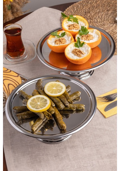 2'li Gümüş Yuvarlak, Ayaklı Şık Kek, Pasta, Kurabiye Ve Tatlı Servis Sunum Standı Gümüş