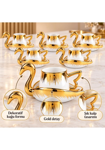 Valkyrie Kuğu Serisi 6 Kişilik 12 Parça Gold Kuğu Tasarımlı Türk Kahvesi Fincan Takımı Hediyelik Set Beyaz Altın
