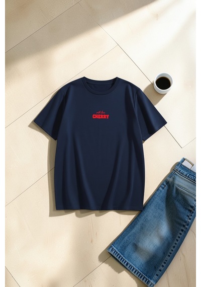 Uyguntarz Unisex With Love Cherry Baskılı Tasarım Oversize Tişört Lacivert
