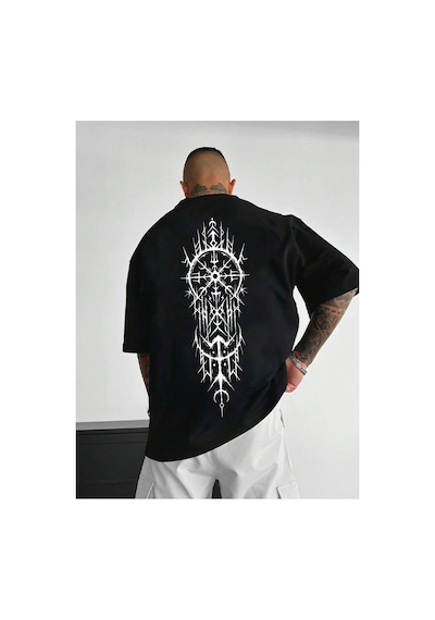 Caddemia Yaz  Moda Spor Rahat Gevşek Geometrik Desen Baskılı Yuvarlak Boyun Kısa Siyah 2XL