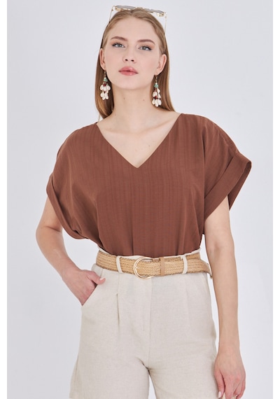 Armonika Kadın Açık Kahve V Yaka Yanları Yırtmaçlı Arkası Uzun Duble Kol Detaylı Oversize Bluz Arm-24y001074 Açık Kahverengi