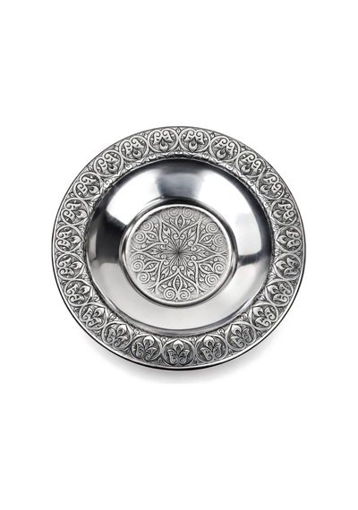 Binbir Trend 10 Cm Otantik Desenli Paslanmaz Çelik Çay Tabağı, Kırılmaz Metal Çay Bardağı Altlığı 6 Adet Gümüş