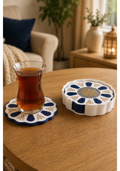 Geleneksel Türk Çay Tabağı Motifli 4 Lü Bardak Altlığı Seti Standlı - Dekoratif Bardak Altlığı - Lacivert Set Diğer