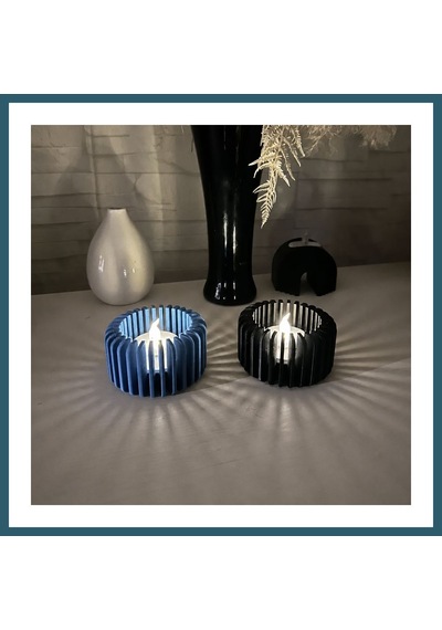 Bezos 3d Baskı Modern Çizgili Mumluk - Tealight Mumluk 1 Adet -mavi Ob