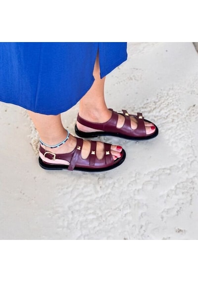 Ne&ve Shoes Bordo Hakiki Deri Gold Aksesuarlı Günlük Rahat Sandalet