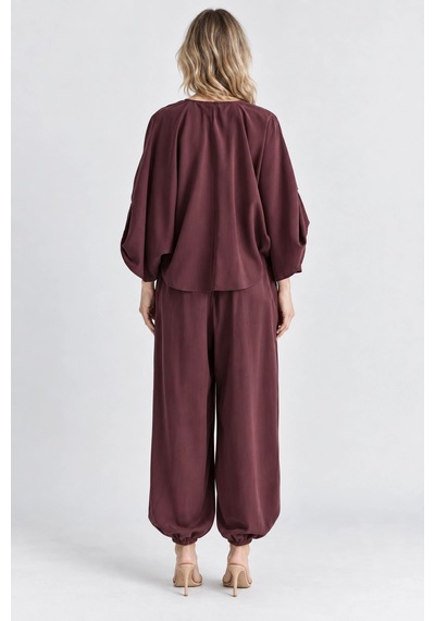 Mevese Rahat Kesim Modal Takım - Yarasa Kol Oversize Bluz Ve Geniş Paça Şalvar Pantolon - Mürdüm