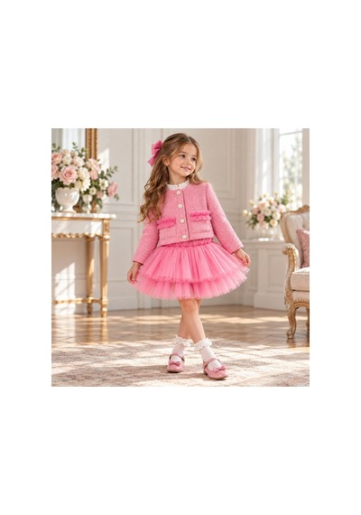Ministok Liva Kız Çocuk Tüvit 3'lü Takım Ceket Gömlek Etek Pembe