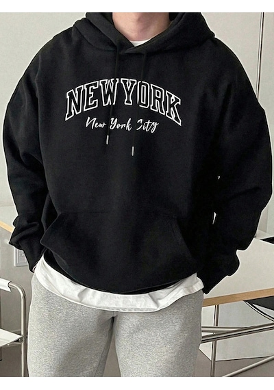 Startmore Tarzsokak New York City Letter Creativity Baskılı Erkek Günlük Kazak Sokak Sporları Kapüşonlular Sonbah Siyah