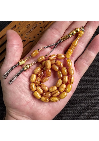 7x11 mm Sarı Hareli Ateşi Kehribar İsme Özel Tesbih