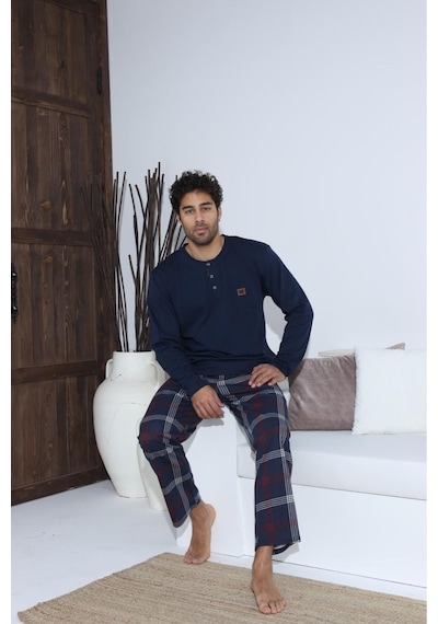 Lukitus Sıfır Yaka Düğmeli Pamuklu Erkek Pijama Takımı Byrz70015-l Lacivert
