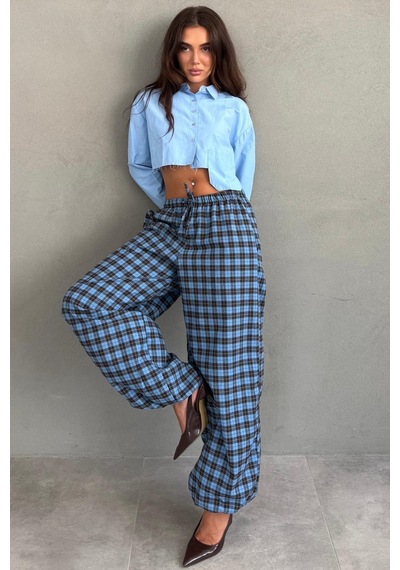 Madmext Mavi Ekose Desenli Beli Lastikli Balon Pantolon Mg2905