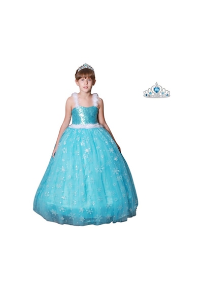 Butikhappykids Prenses Elsa Askılı Elsa Kostüm + Taç 1-12 Yaş Mavi