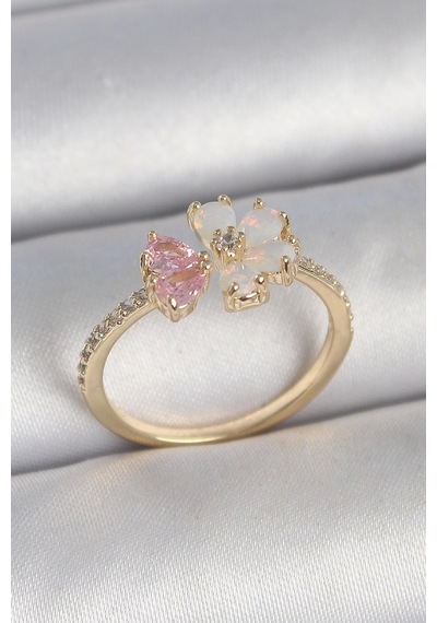 Pirinç Gold Renk Beyaz Mineli Pembe Zirkon Taşlı Çiçek Model Kadın Yüzük Çok Renkli