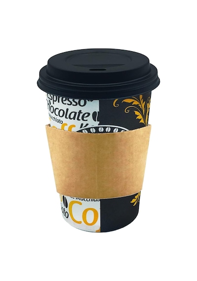 Afra Tedarik 12 Oz Siyah Kapaklı Tutamaçlı Karton Bardak Latte Kahve Kağıt Bardak Sleeve 300 Ml Diğer