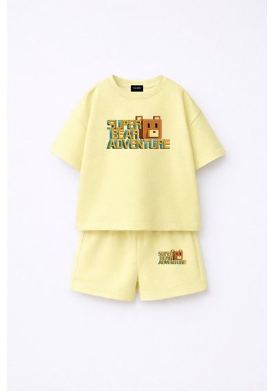 Fasardi Super Bear Adventure Süper Ayı Baskılı Oversize %100 Pamuk Tişört Şort 2li Çocuk Takım Limon