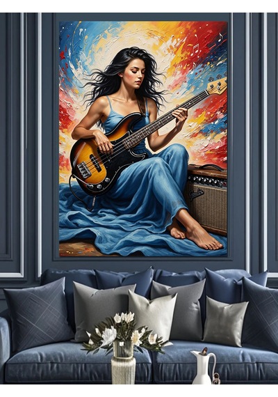 Ahşap Tablo Gitar Çalan Kadın Müzisyen